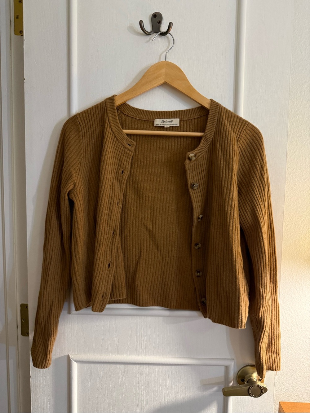 Madewell Cashmere Camel Ribbed Button-Front Cardigan